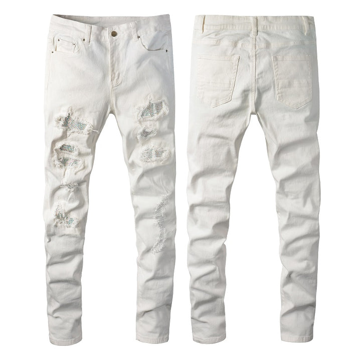 Hot Drill Patch Hole White Slim-Fit Pants for Men