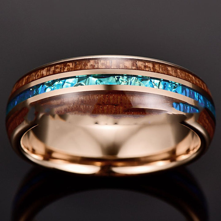 Rose Gold Inlaid Acacia Wood Opal Dome Tungsten Steel Ring