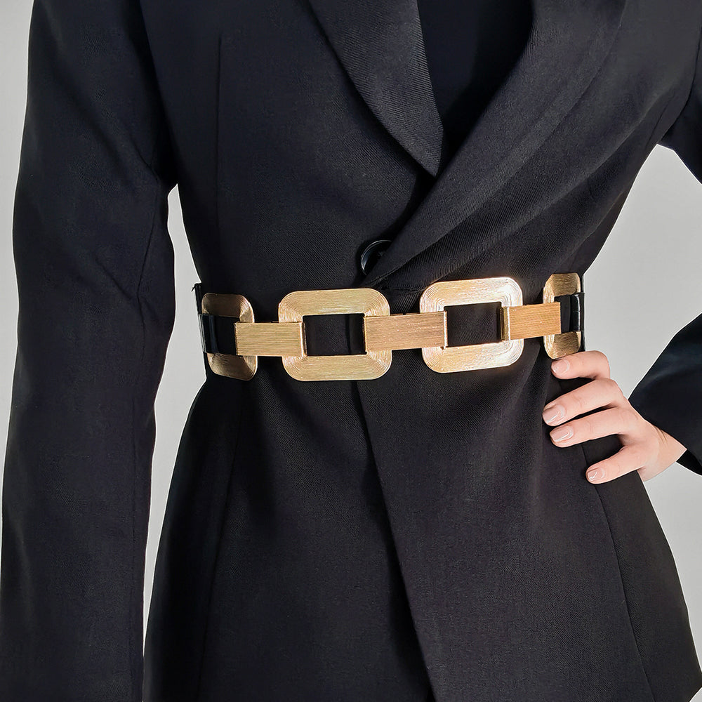 The New Women's Gold Black Wide Belt Decoration Fashion Elastic Metal 
 Product information:
 
 Style:all-match fashion
 
 Material
 :
 Alloy
 


 Treatment process: electroplating
 
 Details&amp;Type:chain   Elastic stretch 


 Produc