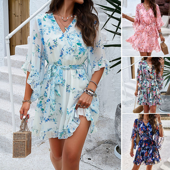 Floral Print Summer Dress with Lace-Up Ruffles and V-neck - Women's Fashion