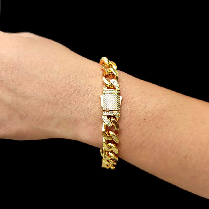 Stainless Steel Cuban Chain Hip Hop Bracelet Diamond Spring Buckle Four Sides Grinding
