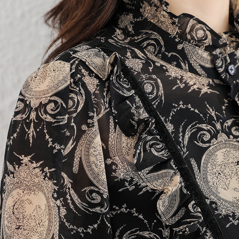 Black Printed Chiffon Shirt Women's Ruffled Stand Collar Temperament