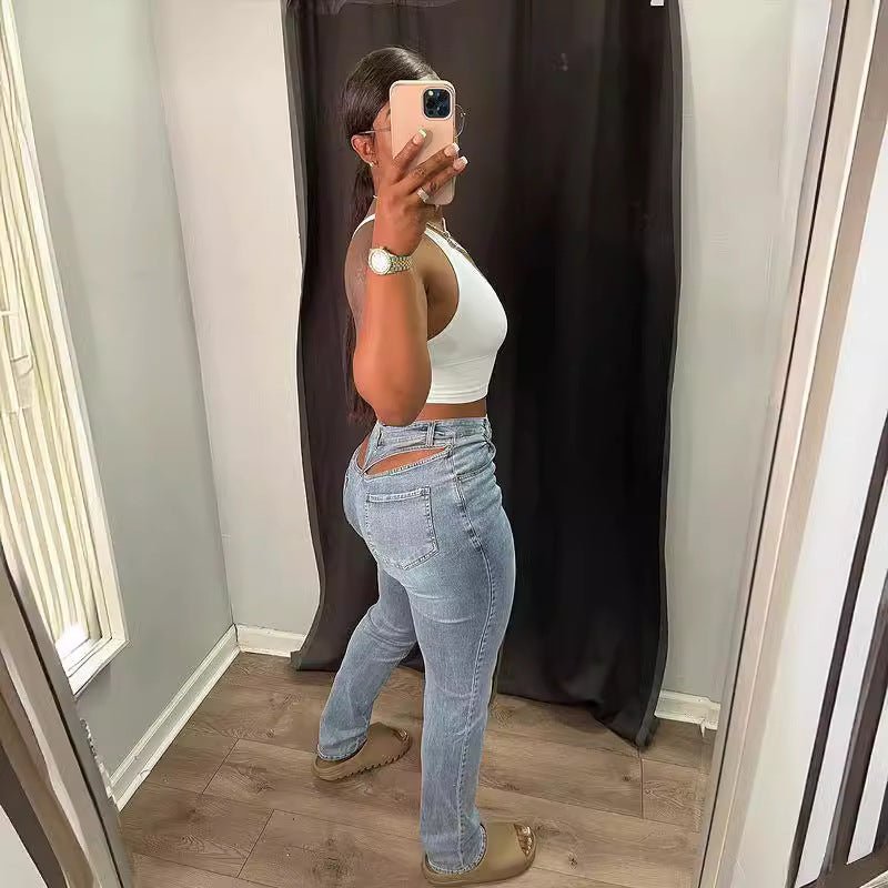 Back Waist Hollow Stretch Jeans - Glow Goddess