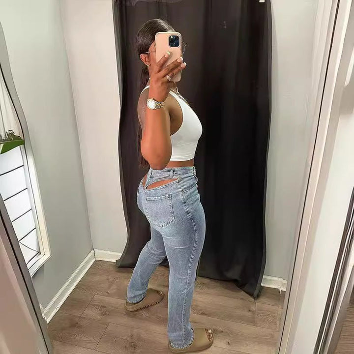 Back Waist Hollow Stretch Jeans - Glow Goddess