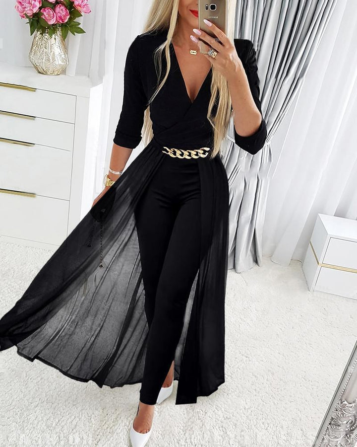 Black Mesh V - neck Patchwork Jumpsuit - Glow Goddess