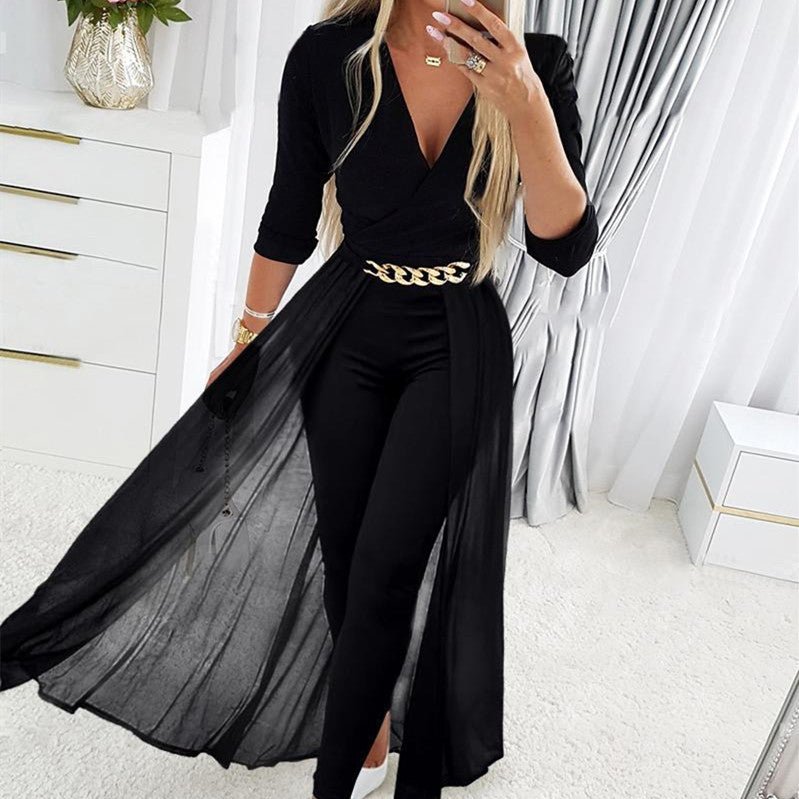 Black Mesh V - neck Patchwork Jumpsuit - Glow Goddess