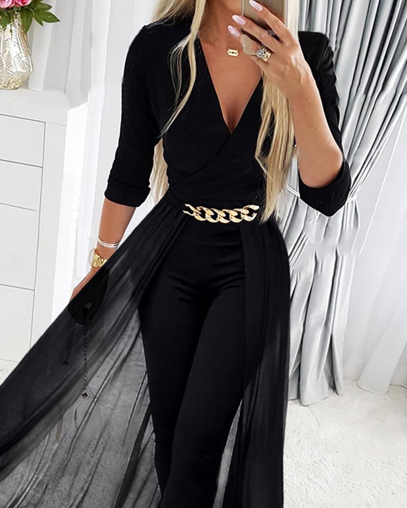 Black Mesh V - neck Patchwork Jumpsuit - Glow Goddess