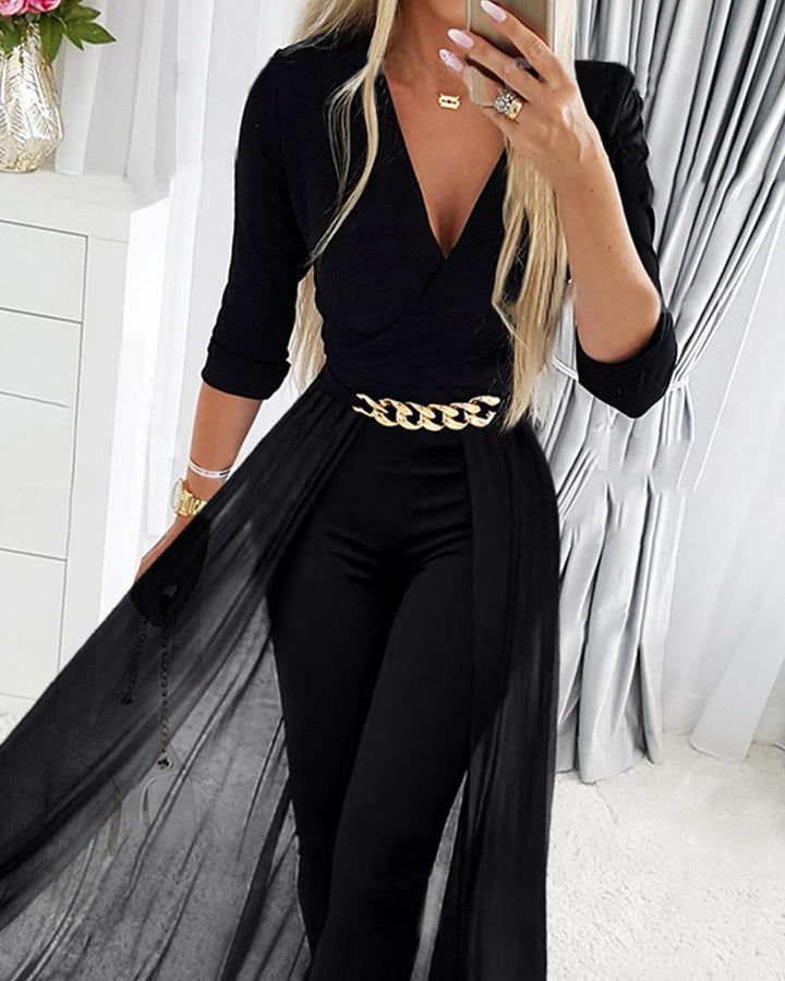 Black Mesh V - neck Patchwork Jumpsuit - Glow Goddess