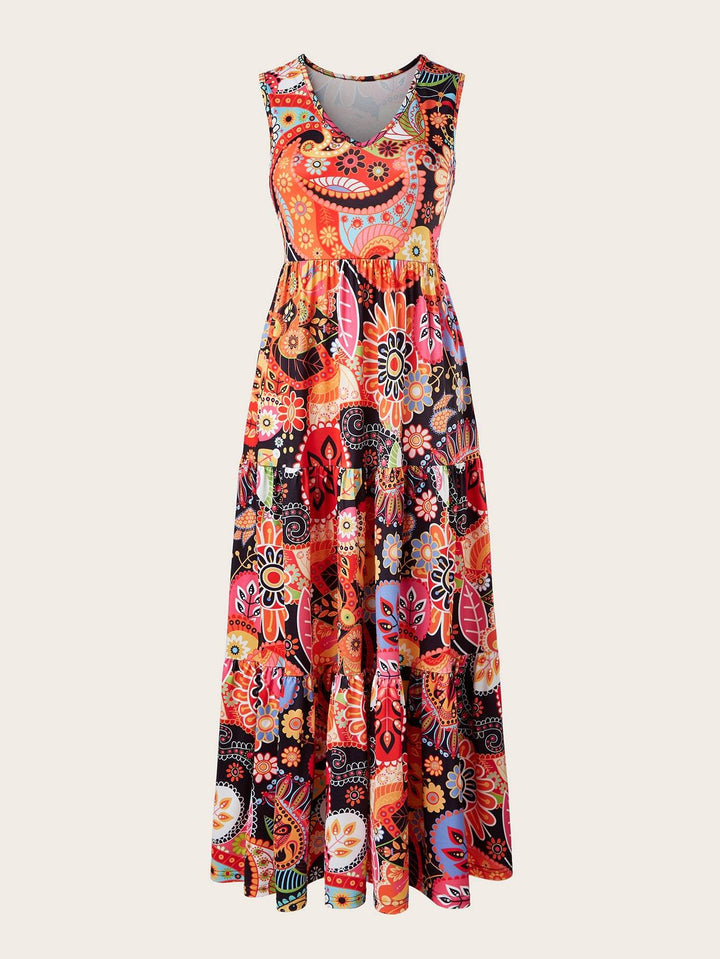 Bohemian Plus Size Dresses Loose Round Neck Ruffle Big Swing Print Spring Summer Casual Sleeveless Hem - Glow Goddess