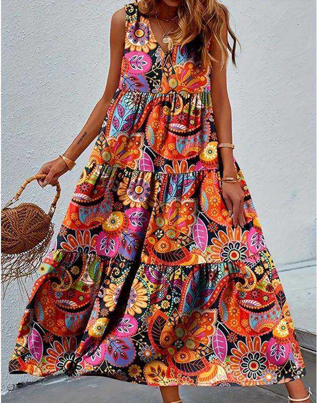 Bohemian Plus Size Dresses Loose Round Neck Ruffle Big Swing Print Spring Summer Casual Sleeveless Hem - Glow Goddess