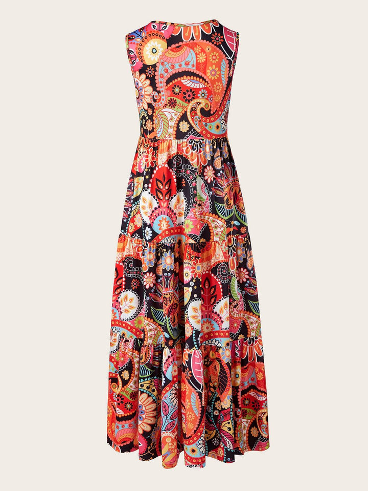 Bohemian Plus Size Dresses Loose Round Neck Ruffle Big Swing Print Spring Summer Casual Sleeveless Hem - Glow Goddess