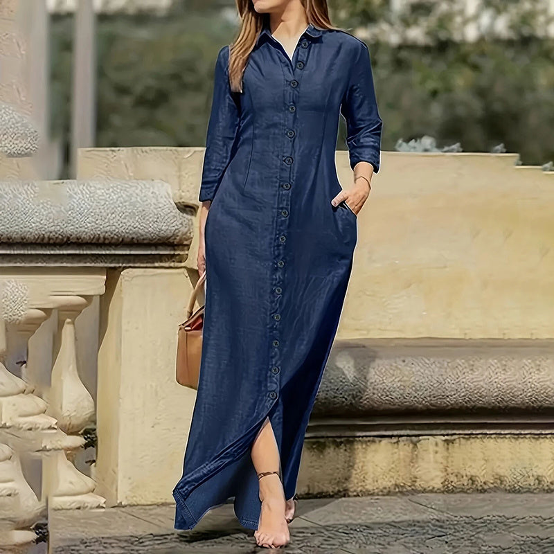 Women's Casual Denim Maxi Dress – Long Sleeve Button-Down Jean Dress with Pockets