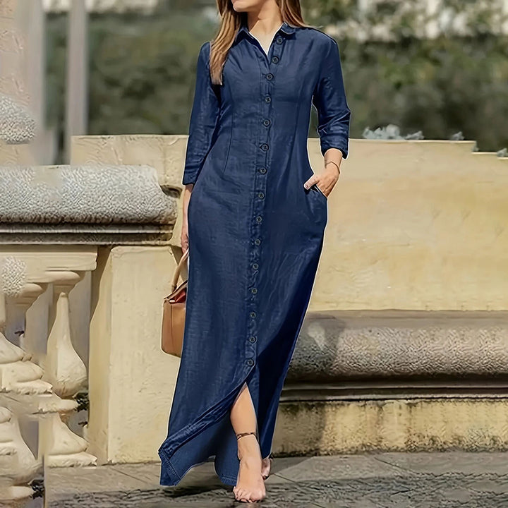 Women's Casual Denim Maxi Dress – Long Sleeve Button-Down Jean Dress with Pockets