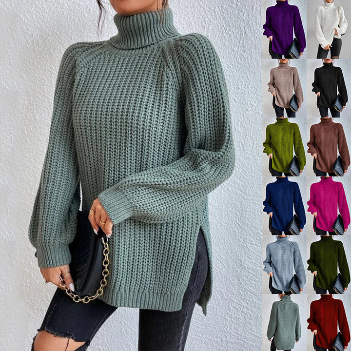 Turtleneck pullover sweater for women with split hem and thick mid-length knit