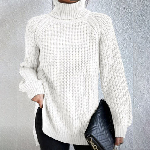 Turtleneck pullover sweater for women with split hem and thick mid-length knit