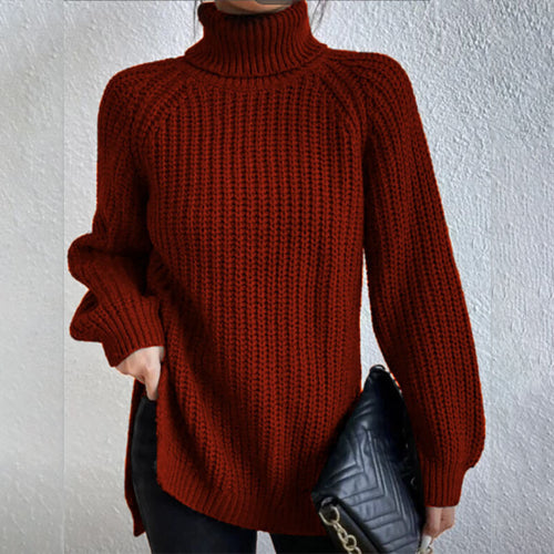 Turtleneck pullover sweater for women with split hem and thick mid-length knit