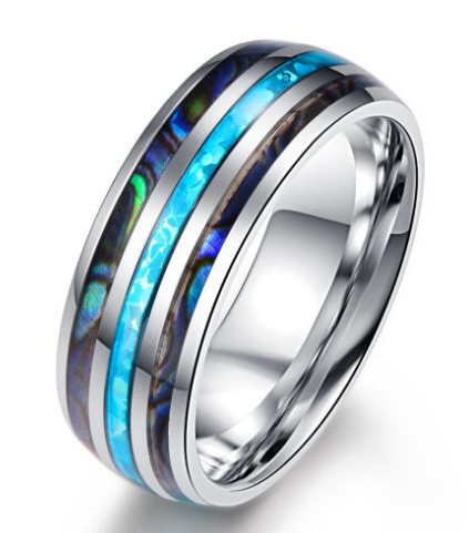 Sophisticated Tungsten Wedding Ring: Abalone & Opal Inlay