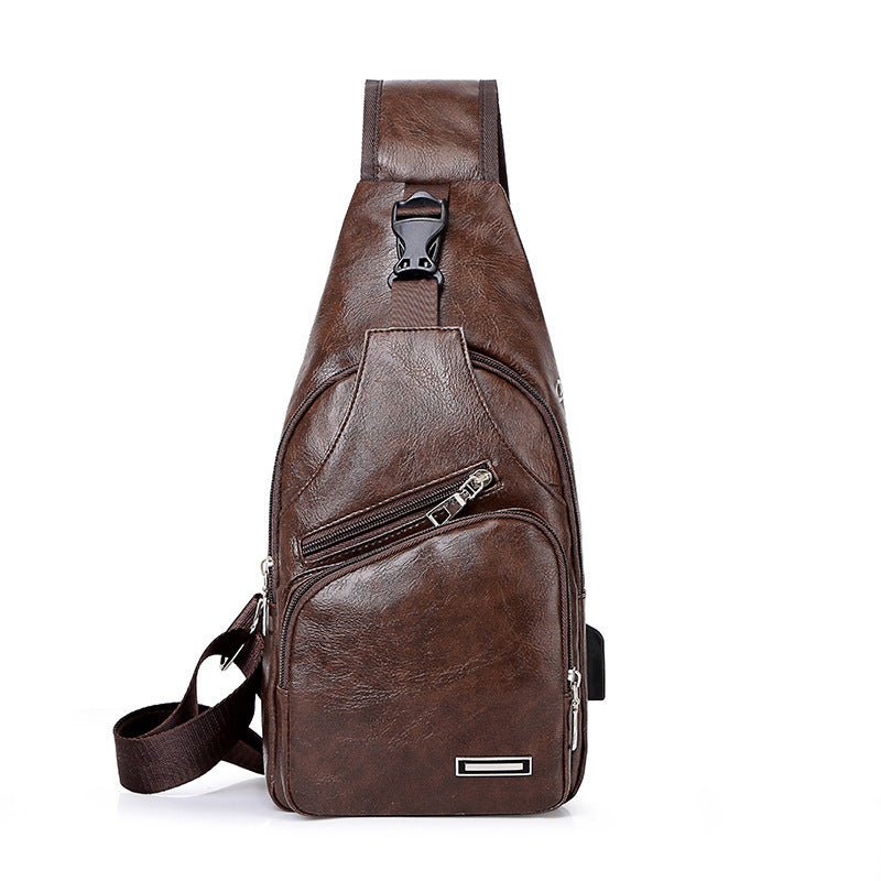 Men’s USB charging chest bag made of PU leather with zipper closure and crossbody design