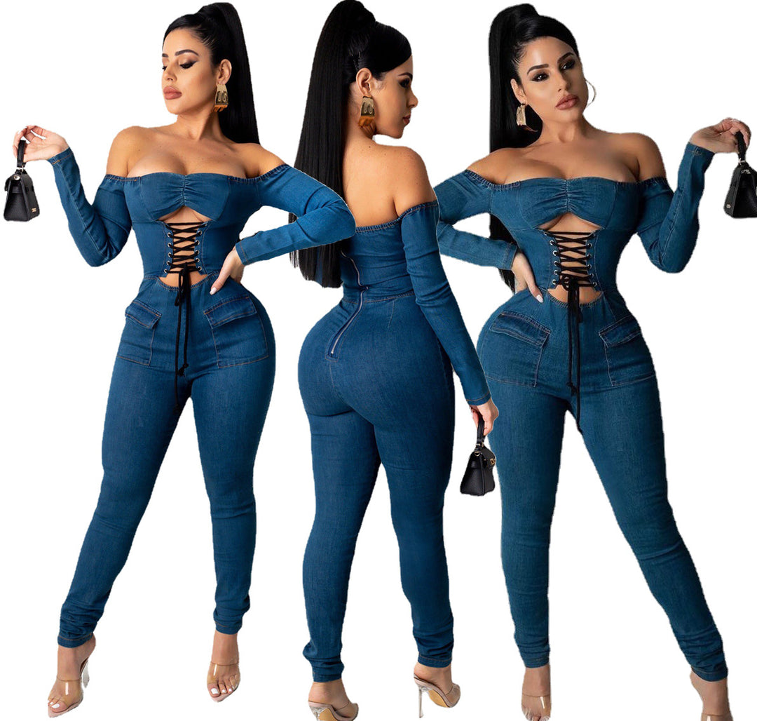 Women's One-piece Shoulder Strap Denim Jumpsuit
 
 Product information :
 
 
 Main fabric composition: cotton
 
 Waist type: middle waist
 
 Color: dark blue
 
 
 
 Size Information:
 
 
 Size: S,M,L,XL,XXL
 
 

