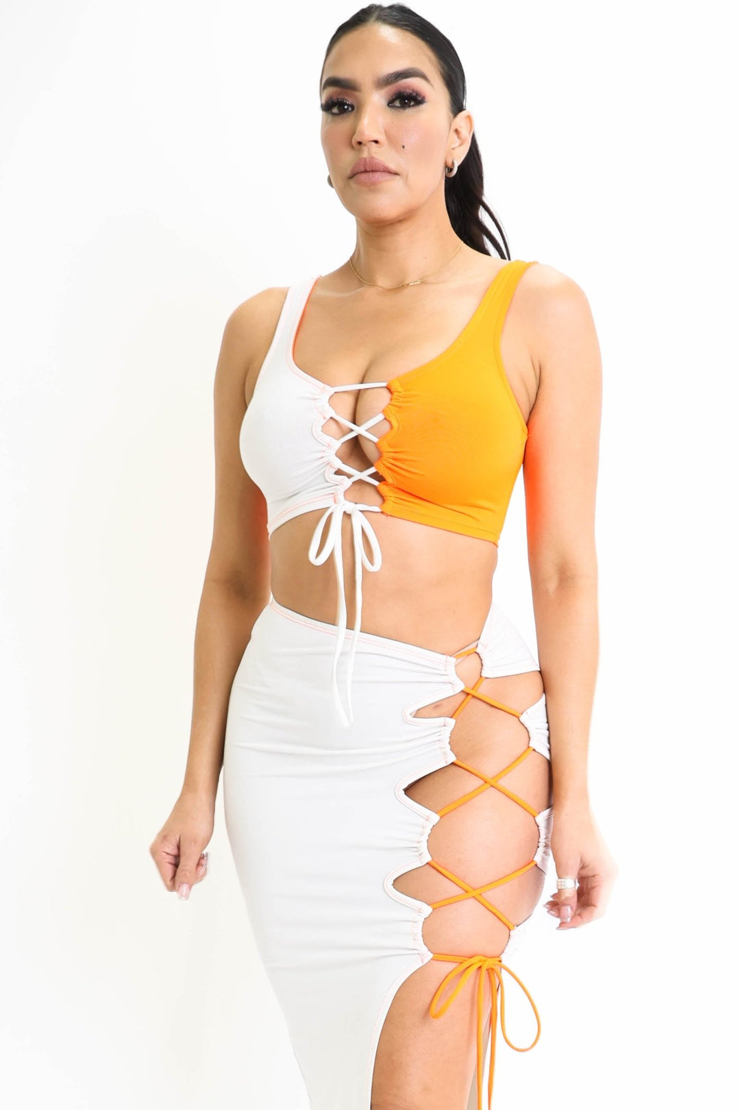 ColorBlock 2 Piece Outfit Set – spandex lace-up sleeveless crop top with matching maxi skirt, side slit and color-block design