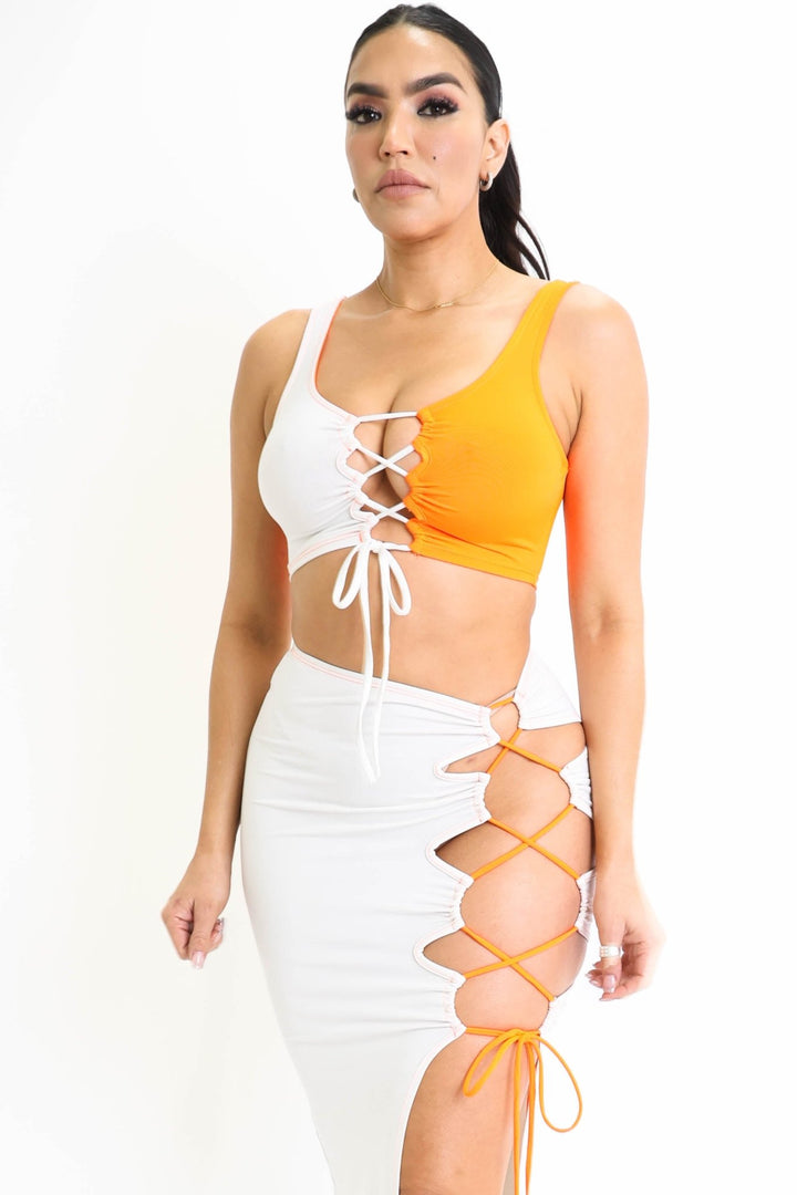 ColorBlock 2 Piece Outfit Set – spandex lace-up sleeveless crop top with matching maxi skirt, side slit and color-block design