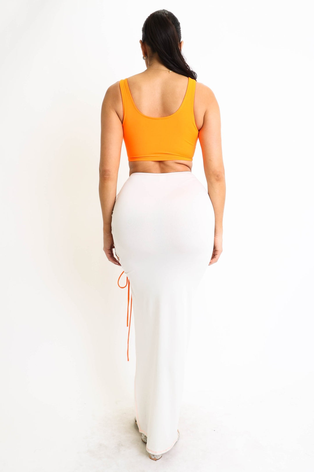 ColorBlock 2 Piece Outfit Set – spandex lace-up sleeveless crop top with matching maxi skirt, side slit and color-block design