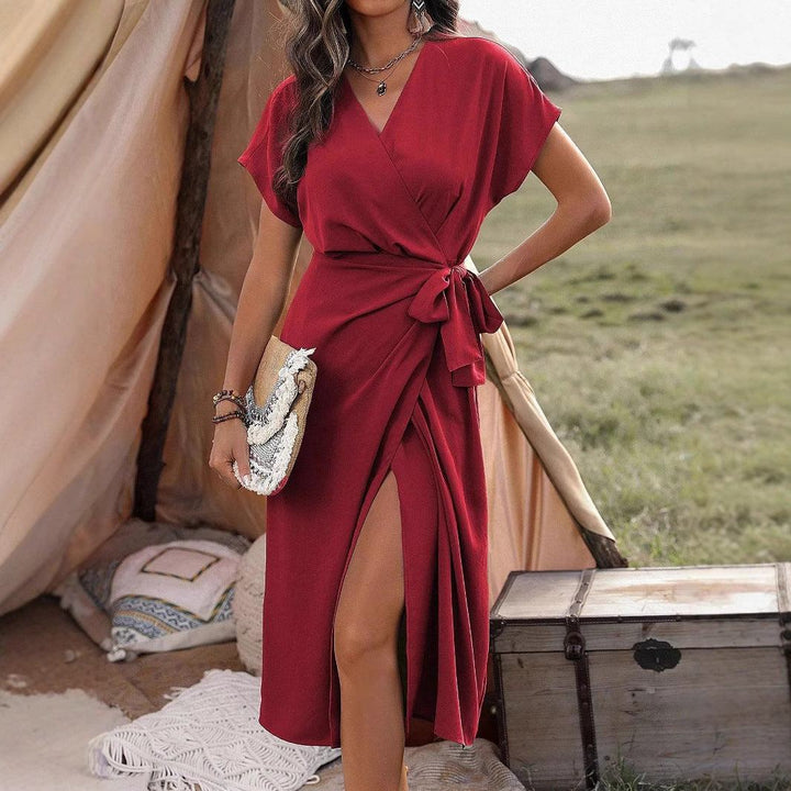 Commuting Fashion Forged Split Women's Solid Color Wrap Suspender Dress - Glow Goddess