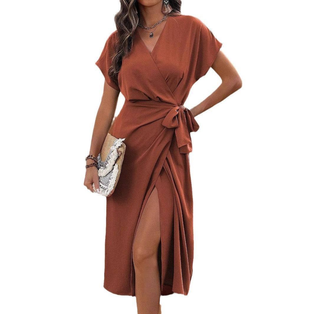 Commuting Fashion Forged Split Women's Solid Color Wrap Suspender Dress - Glow Goddess