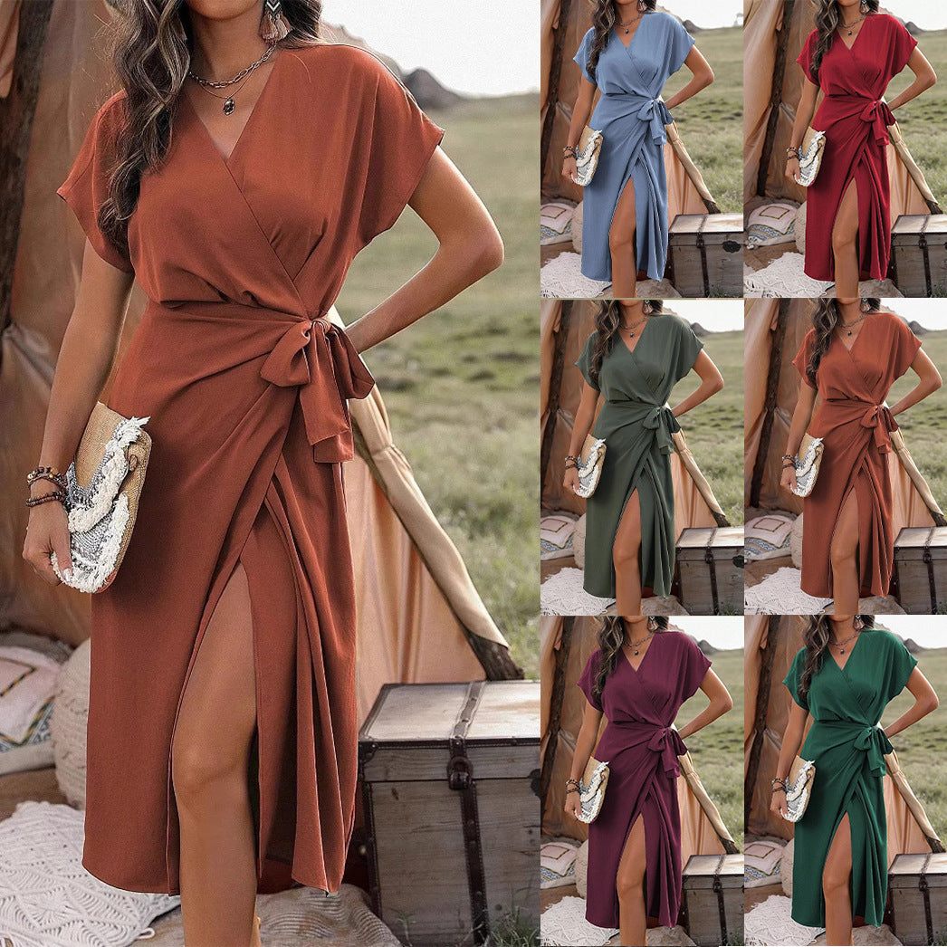 Commuting Fashion Forged Split Women's Solid Color Wrap Suspender Dress - Glow Goddess