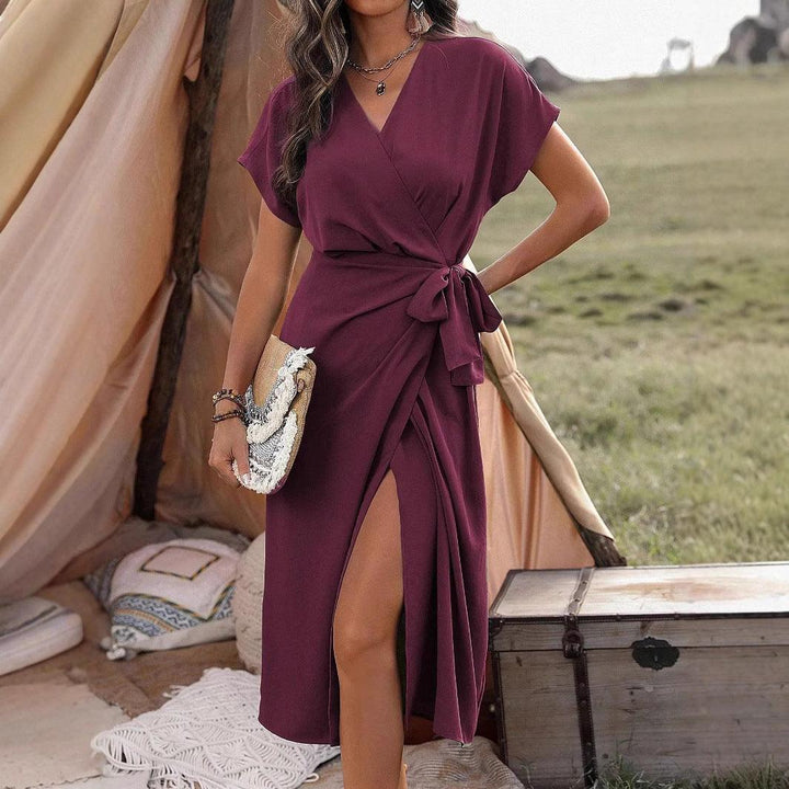 Commuting Fashion Forged Split Women's Solid Color Wrap Suspender Dress - Glow Goddess