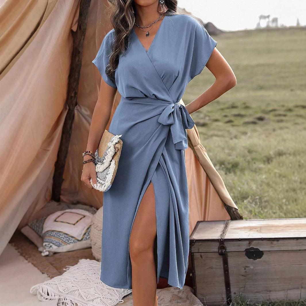 Commuting Fashion Forged Split Women's Solid Color Wrap Suspender Dress - Glow Goddess