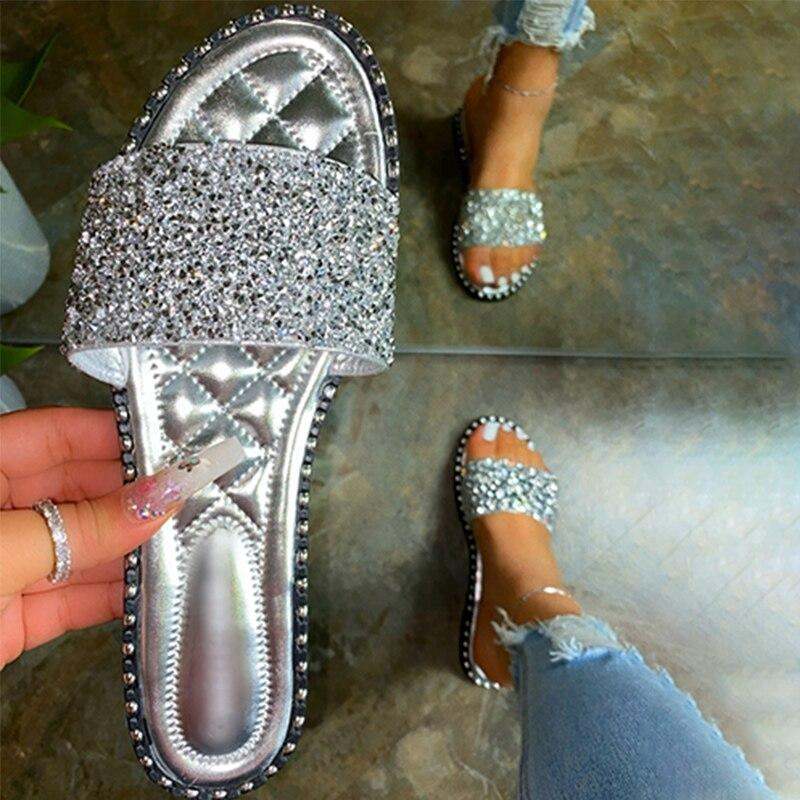 Crystal Bling Flat Sandals for Women – Summer Slides - Glow Goddess