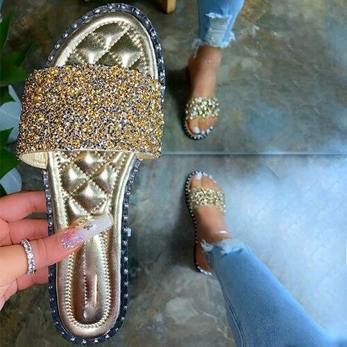 Crystal Bling Flat Sandals for Women – Summer Slides - Glow Goddess