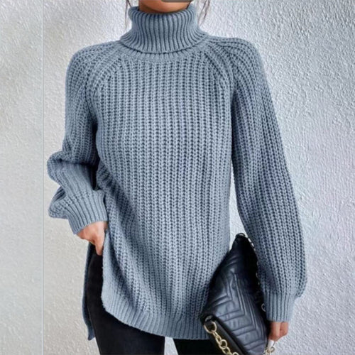 Turtleneck pullover sweater for women with split hem and thick mid-length knit