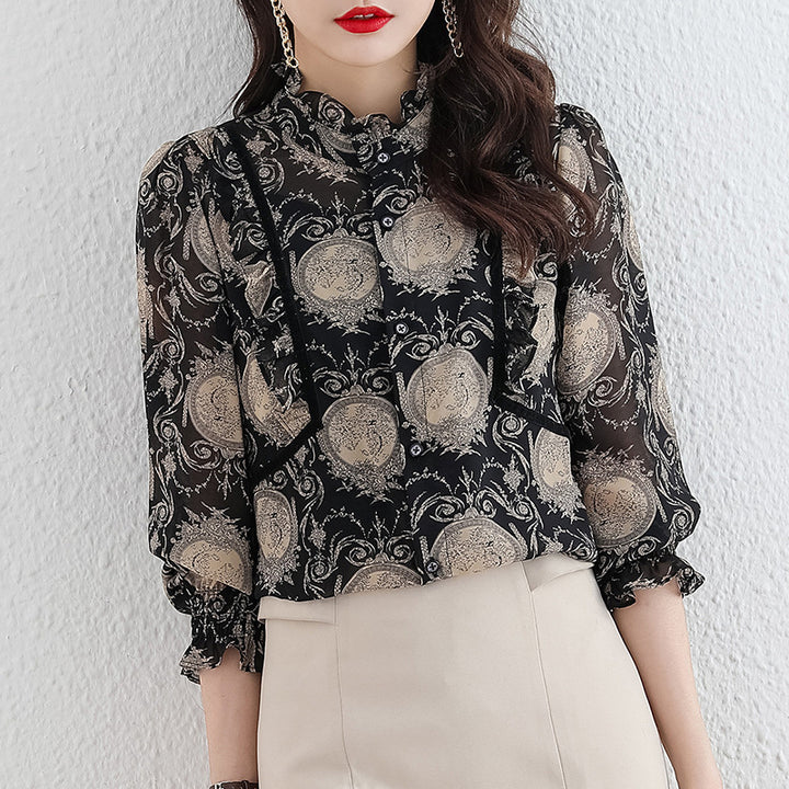 Black Printed Chiffon Shirt Women's Ruffled Stand Collar Temperament