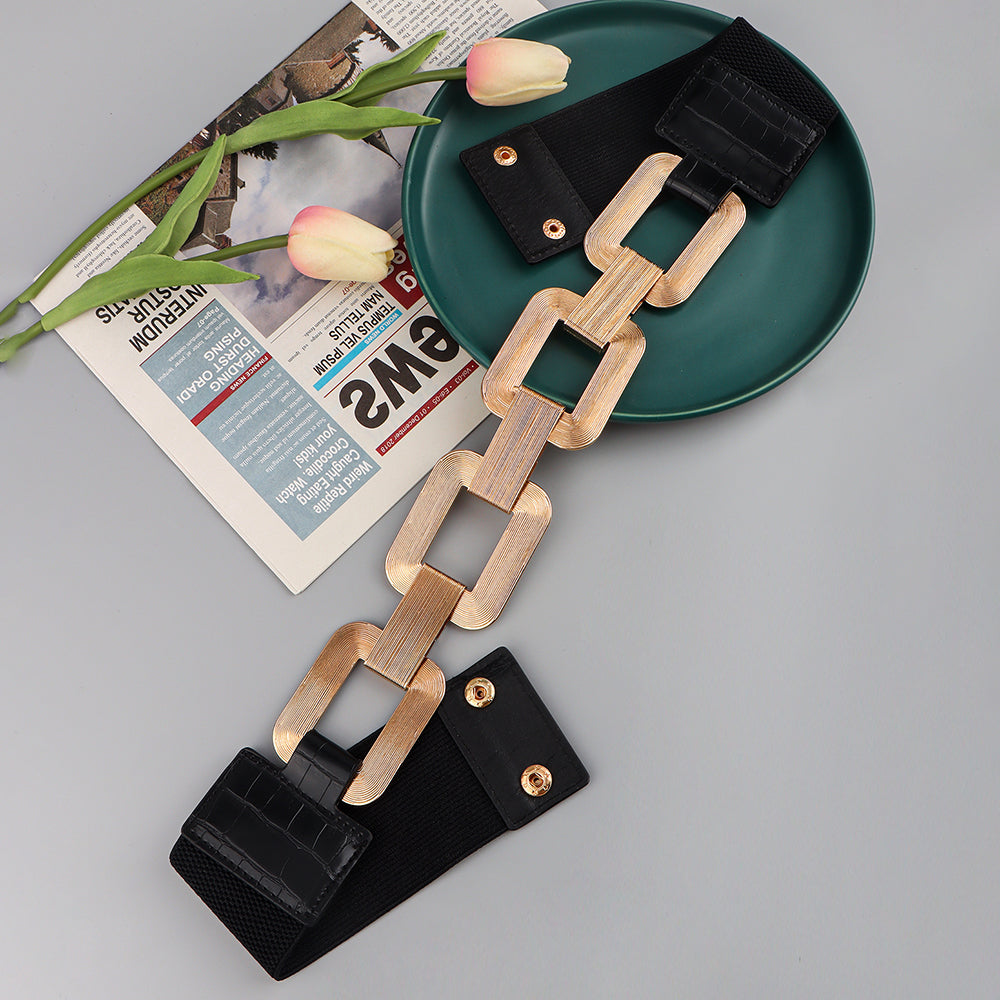 The New Women's Gold Black Wide Belt Decoration Fashion Elastic Metal 
 Product information:
 
 Style:all-match fashion
 
 Material
 :
 Alloy
 


 Treatment process: electroplating
 
 Details&amp;Type:chain   Elastic stretch 


 Produc