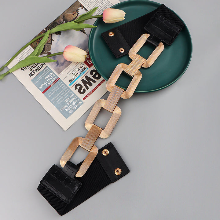The New Women's Gold Black Wide Belt Decoration Fashion Elastic Metal 
 Product information:
 
 Style:all-match fashion
 
 Material
 :
 Alloy
 


 Treatment process: electroplating
 
 Details&amp;Type:chain   Elastic stretch 


 Produc