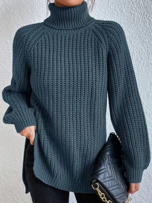 Turtleneck pullover sweater for women with split hem and thick mid-length knit