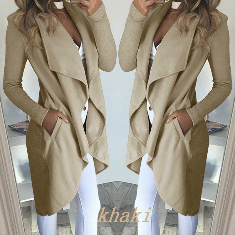 Women's plus size slim fit khaki long trench coat with polo collar and long sleeves