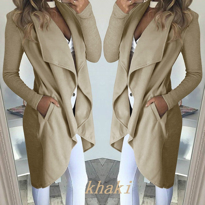 Women's plus size slim fit khaki long trench coat with polo collar and long sleeves