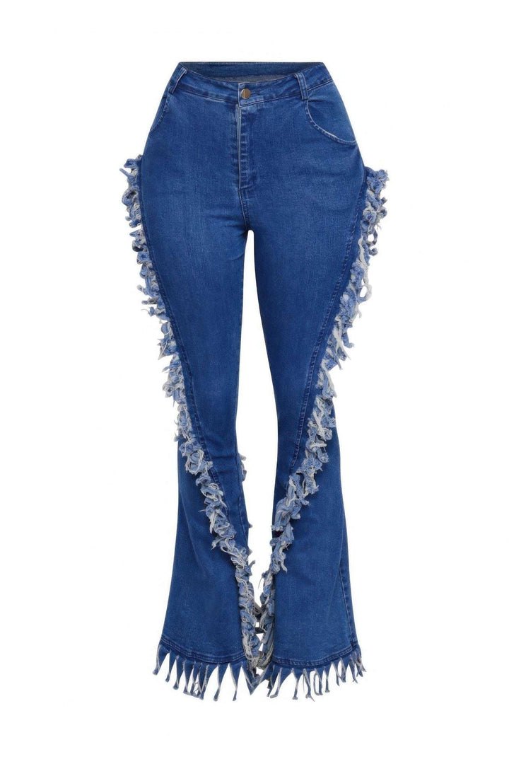 Distressed Fringe Denim Flared Pant - Glow Goddess