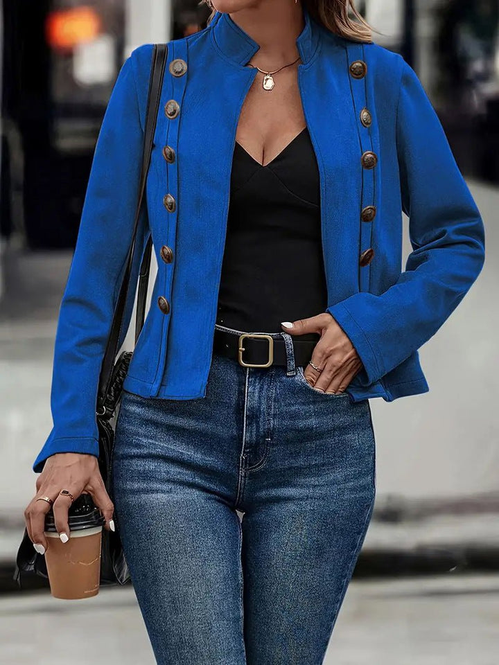 Retro long-sleeved women’s coat with double-row metal buckle and deerskin velvet look