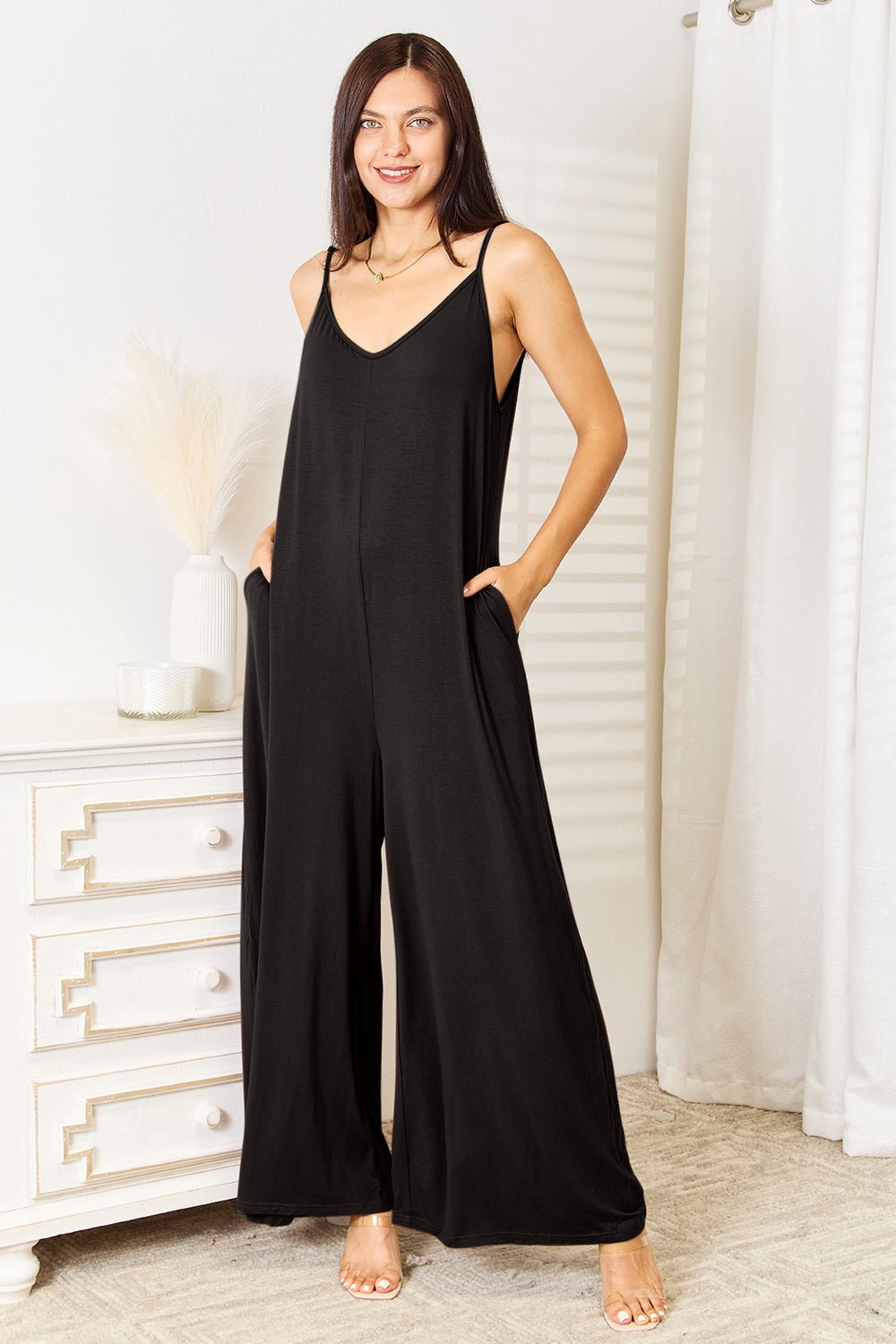 Double Take Full Size Soft Rayon Spaghetti Strap Tied Wide Leg Jumpsuit - Glow Goddess