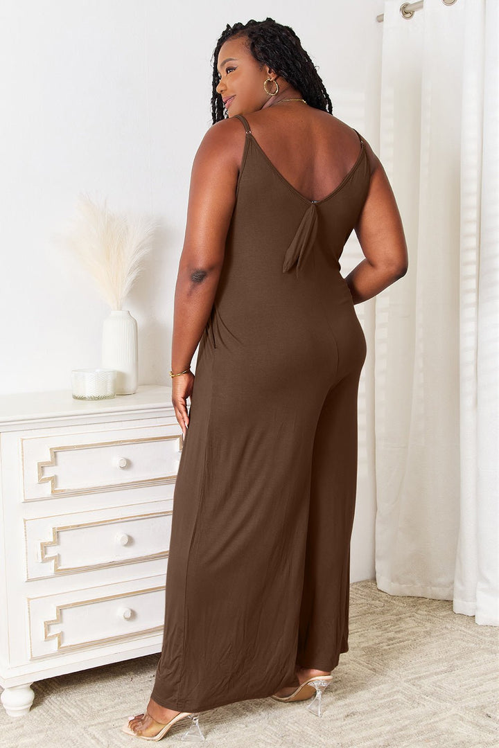 Double Take Full Size Soft Rayon Spaghetti Strap Tied Wide Leg Jumpsuit - Glow Goddess
