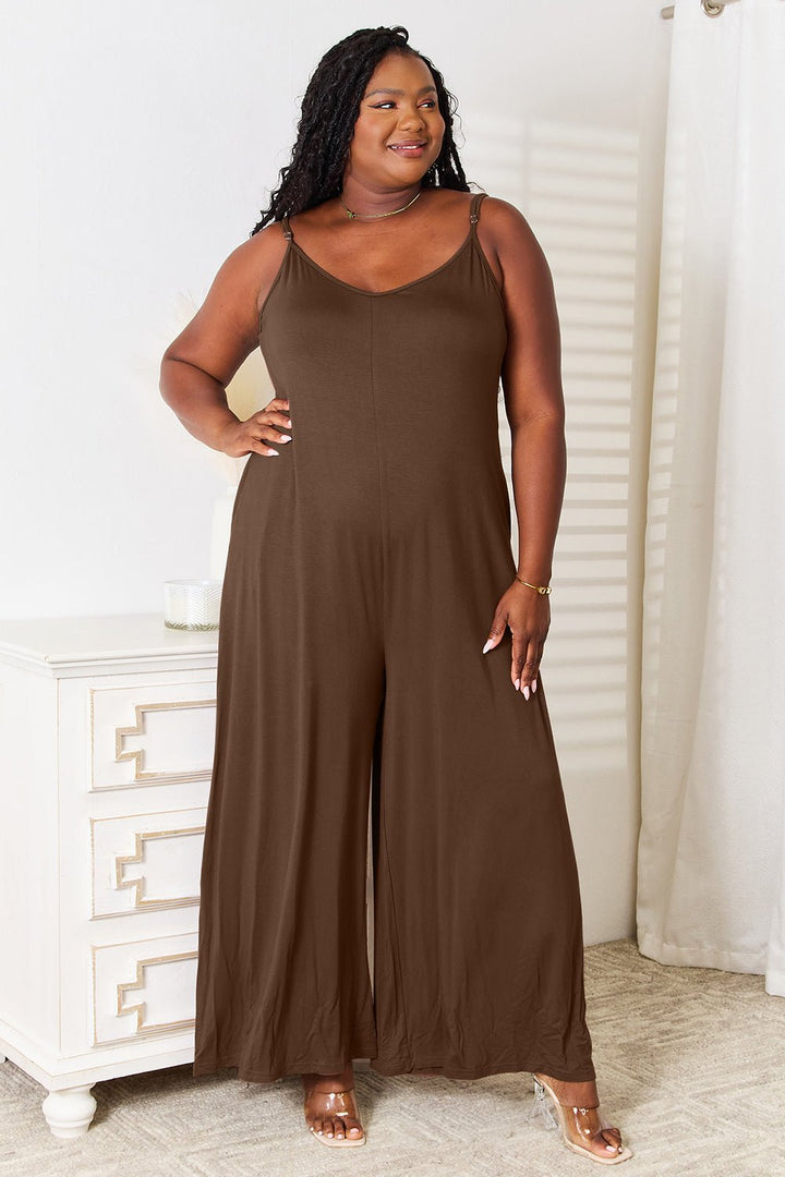 Double Take Full Size Soft Rayon Spaghetti Strap Tied Wide Leg Jumpsuit - Glow Goddess