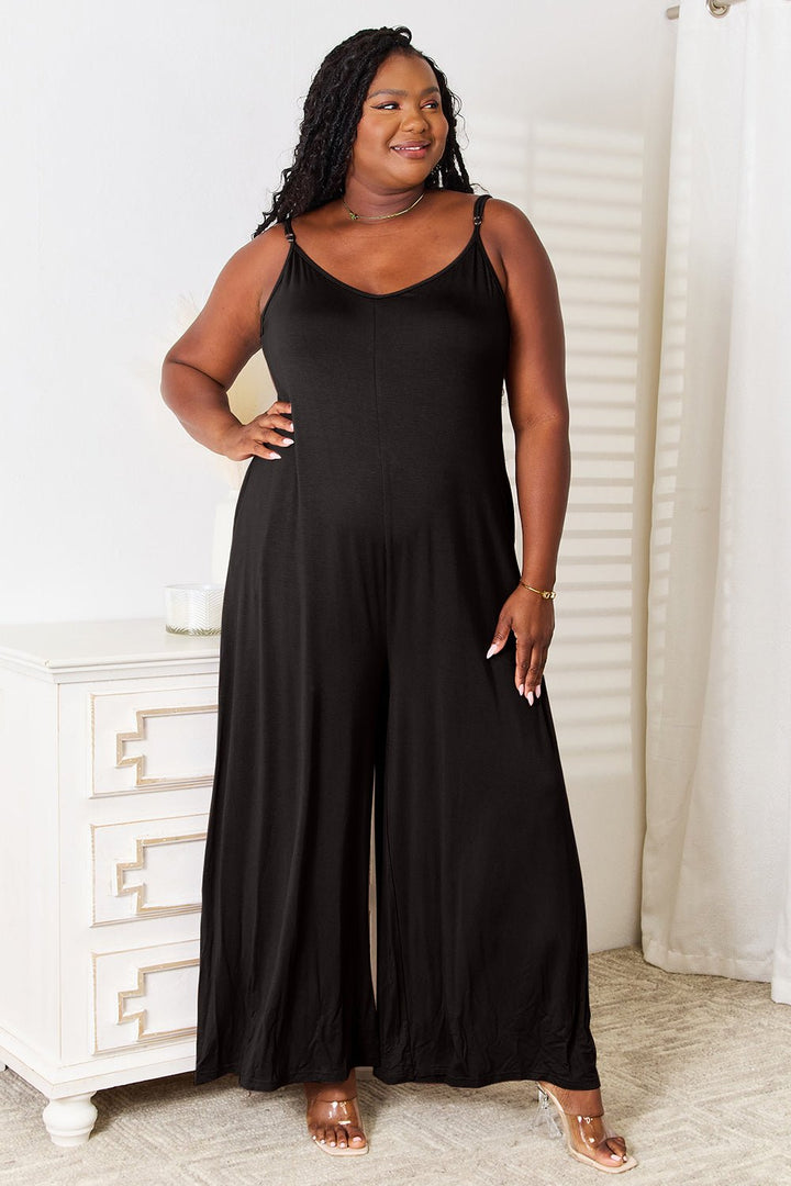 Double Take Full Size Soft Rayon Spaghetti Strap Tied Wide Leg Jumpsuit - Glow Goddess