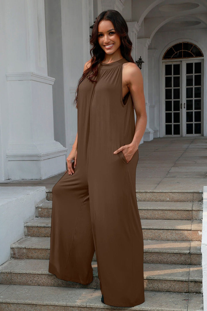 Double Take Full Size Tie Back Cutout Sleeveless Jumpsuit - Glow Goddess
