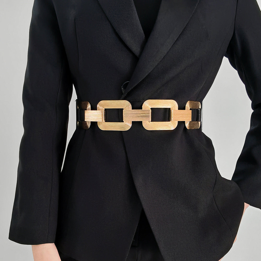 The New Women's Gold Black Wide Belt Decoration Fashion Elastic Metal 
 Product information:
 
 Style:all-match fashion
 
 Material
 :
 Alloy
 


 Treatment process: electroplating
 
 Details&amp;Type:chain   Elastic stretch 


 Produc