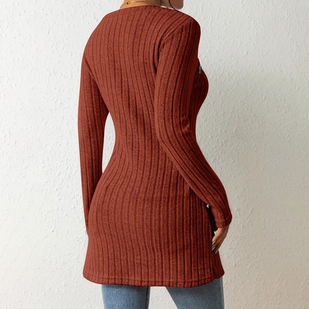 Elegant Women's Solid Color Slim-Fit Long Sleeve Top - Square Neck & Button Detail With Asymmetric Hem, Casual Fall&Spring Blouse