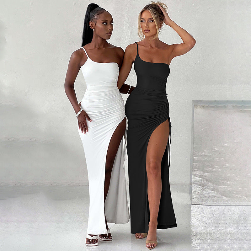 New One-Shoulder Strap Dress with Tight Fit and High Split